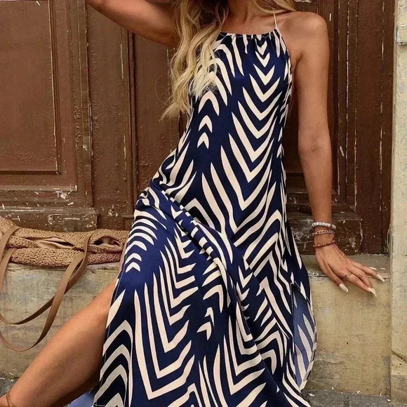 Multicolor Sexy Women's Halter Fringe Tie Backless High Split Print Dress - Picture 6 of 6